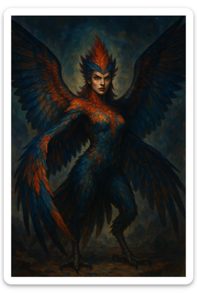 hybrid bird woman with mostly bird features, fantasy style, any bird species, bold and dramatic, striking plumage, powerful stance sticker