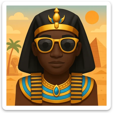 Add an Egyptian background behind the pharaoh with sunglasses and black skin, maintaining the emoji style look. sticker