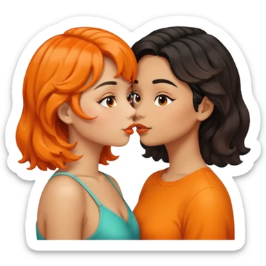 girls kissing one with tan skin and orange wavy bob one with light skin and long black wavy hair  sticker