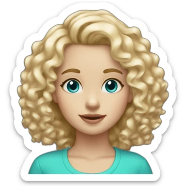 Blonde curly hair mid length.  Belgian girl. blue eyes with turquoise earrings and light pink features sticker