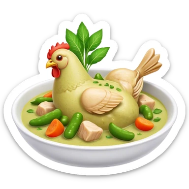 Green Chicken Curry Cinematic Realistic Green Chicken Curry Dish Emoji, depicted as tender chicken chunks simmered in a fragrant green curry sauce with vegetables, rendered with vivid textures and dynamic, vibrant lighting. sticker