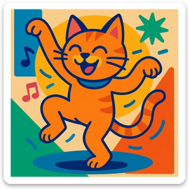 gato bailando, estilo divertido, alegre, colores vivos, animado sticker