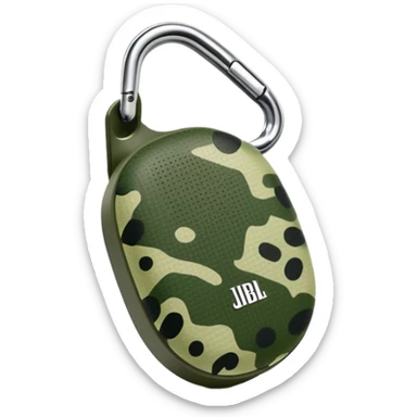 Super simplified JBL Clip 4 speaker, abstract oval shape with tiny carabiner and minimal green camo dots, iOS emoji style sticker