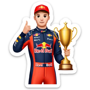 Max Verstappen celebrating with trophy, Red Bull racing suit, no text sticker