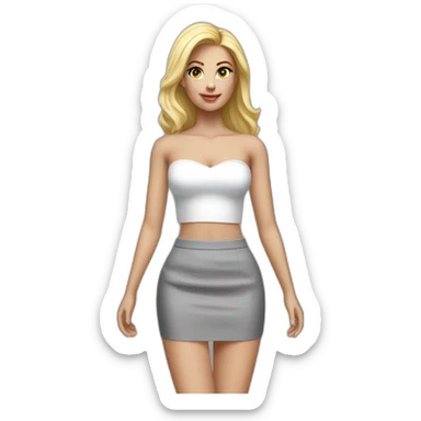 hyperrealistic caucasian long blonde woman white v-neck strapless gray tight mini skirt sticker