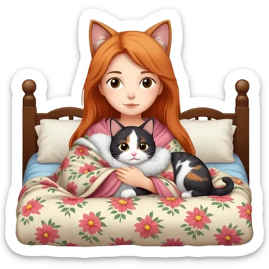 A girl with a cat in a bed  sticker
