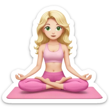 blonde long curled hair and green eyes yoga beautiful girl in light pink pink pink clothes sitting on a yoga mat sticker