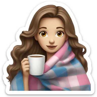 cute brown haired girl with long hair wrapped in pink plaid blanket drinking coffee blue eyes sticker
