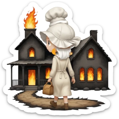 handmaids tale style woman burning house down walking away from house. shes wearing the nun hands maid tale hat cant see her face sticker