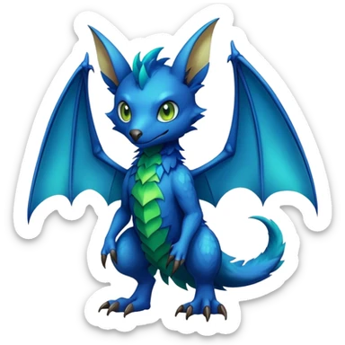 Cute cool fantasy animal hybrid bat-Sergal-Digimon-Fakemon full body, green scales, brown eyes, blue feathers sticker