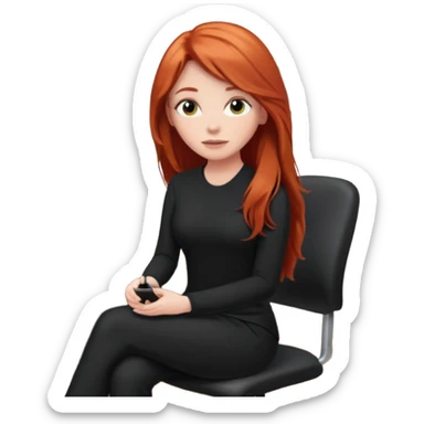 Video call therapy session: red-haired therapist with long hair wearing black minimalist clothing, seated in a professional home office, looking at the webcam; calm, modern teletherapy setting sticker