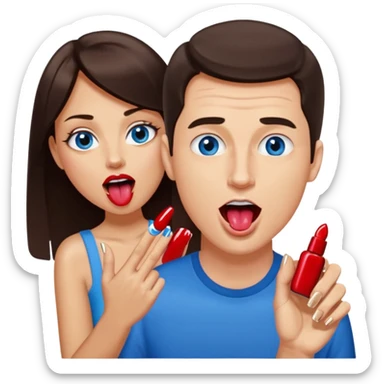 A side profile of a white man with dark brown hair and blue eyes with his mouth open and tongue out so he looks like he is about to lick the beautiful, well groomed, woman’s feet, with deep red painted nails, in front of his face. A close up of one good looking man licking feet and loving it. sticker