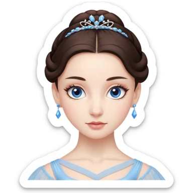 Realistic Ballerina Portrait, with porcelain-like skin featuring a natural rosy flush, illuminated by soft lighting that highlights the gentle contours of her face. Her Brunette hair flows in soft, Her deep blue eyes radiate warmth and innocence, framed by arched brows and long lashes. sticker