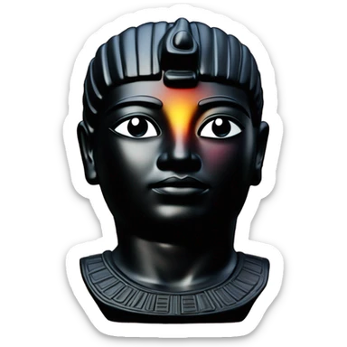 Osiris obsidian statue on granite 30 ton brick, massive size, sunlight behind, sunset colors, reflections on black stone polished clean perfect, photography angles sticker