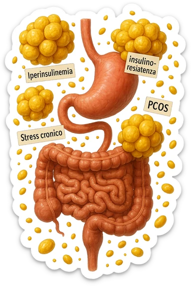 STOMACO E INTESTINO SONO VERTICALMENTE COLLEGATI E INTORNO A QUESTI ORGANI CI SONO CELLULE DI GRASSO GIALLE ATTACCATE SOPRA A GRAPPOLI, intorno fluttuano cellule di grasso giallo e alcune targhette con queste parole "Iperinsulinemia", "insulino-resistenza", "PCOS", "Stress cronico", "asse HPA", IPERREALISTICO 4K sticker