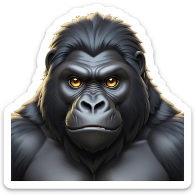 Cinematic Noble mountain Gorilla Portrait Emoji, Poised and majestic, with a powerful, muscular frame accentuated by a distinguished black and grey mane and piercing, wise eyes, Simplified yet sharp and sophisticated features, highly detailed, glowing with a soft, regal jungle glow, high shine, intelligent and commanding, stylized with an air of imperial strength, focused and resolute, soft glowing outline, capturing the essence of a watchful guardian that feels as though it could step out of the screen with effortless authority! sticker