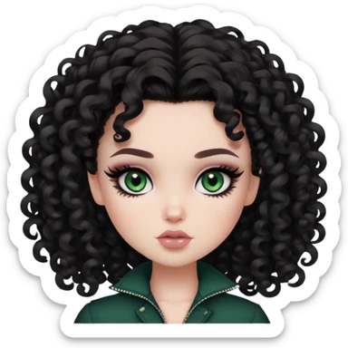 curly dark hair, pale skin, dark green eyes, pretty bratz baddie, black eyeliner, blush sticker