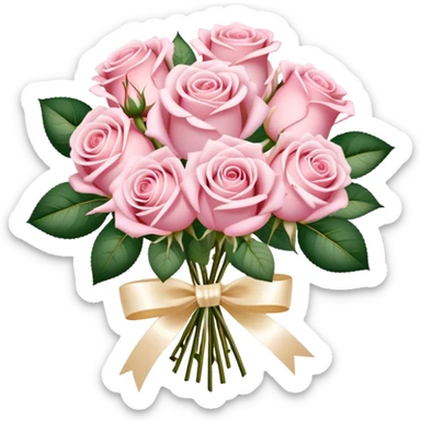 Romantic bouquet of pastel pink roses tied with an ivory satin ribbon, delicate golden sparkles. sticker