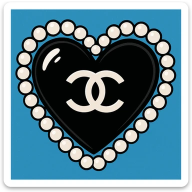 glossy black heart with a string of pearls around it, featuring a silver Chanel logo in the center, elegant, black and white color scheme, vibrant toon style sticker