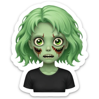 crie um emoji de uma garota zoombie verde assustadora e fofa com cabelo ondulado 2b e camiseta básica preta sticker