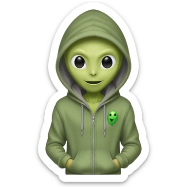 green alien in gray hoodie full height, wear hoodie hat, happy sticker
