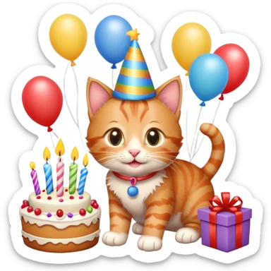 Ginger tabby kitten celebrates birthday, birthday hat, birthday cake, one candle, balloons, happy, gifts sticker
