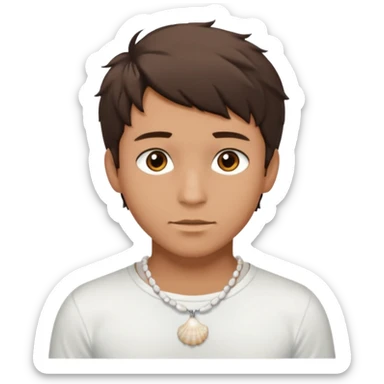 create an emoji of a young man. he has a nice surfer look, with short messy dark brown hair, brown eyes, tanned skin, natural lips. he wears a white tight sea shell necklace with an open short sleeve white shirt sticker
