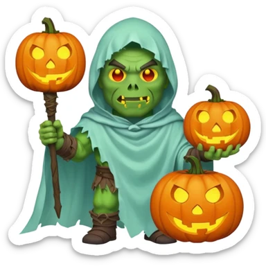 male orc warrior ghost emoji, green skin, wearing torn white ghost sheet costume, holding glowing jack-o'-lantern, faint blue aura, friendly but spooky expression, Halloween fantasy theme, Apple emoji style, clean white background, square sticker