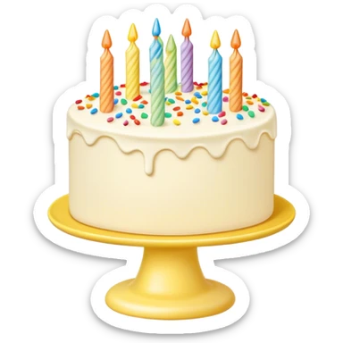 Vanilla buttercream cake on a light yellow cake stand, with rainbow sprinkles  sticker