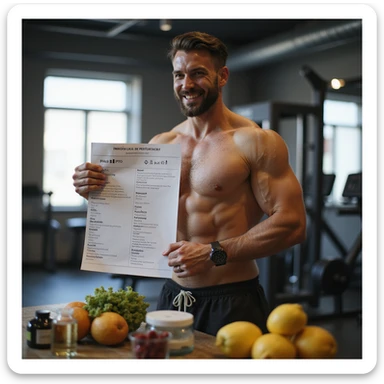 hyper realistic muscular bodybuilder in gym with satisfied expression holding a detailed PCT list, supplements, fruit and water beside him, positive atmosphere, Italian caption: 'PCT strutturata: salute e performance', isolated on white background sticker