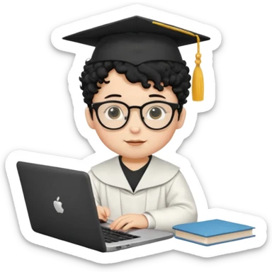 A baby boy DEVELOPER WITH A laptop, black curly hair and topknot, wearing glasses and a mortarboard sticker