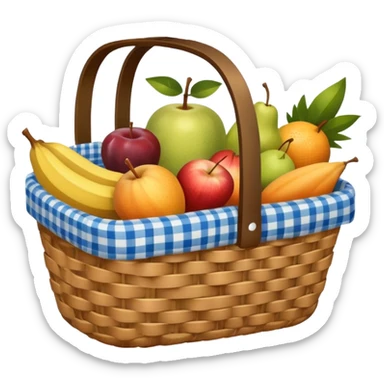 blue plaid lining basket with both food, drink and fruits sticker