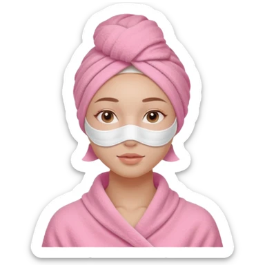 Clean girl influencer character, chest-up portrait, wearing a pink towel wrapped around the head, facial skincare mask on face, relaxed confident expression, soft glow skin, minimal chic aesthetic, subtle beauty accessories, calm self-care vibe sticker