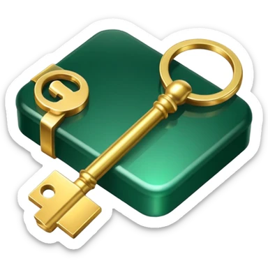 3D key icon with subtle glow effect, modern glossy style, deep green (#0B3D2C) and gold (#C9B037), elegant and minimal, transparent background, premium render sticker