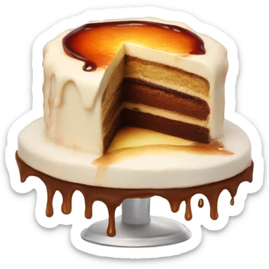 half raw half burned cake with melted smile sticker