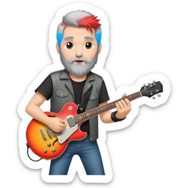 a short grey hair, with long side beard shop, middle age metal head with a classic epiphone eletric guitar sticker