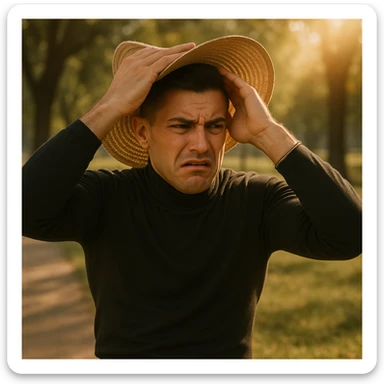Create a symbolic 4k realistic scene in a park, showing a man with a worried expression using both his hands and a large hat to block the sunlight. The man looks tense and uncomfortable. The sunlight is warm and natural. Use muted colors and expressive body language, symbolizing misunderstanding about sunlight and health. Use the reference image for facial features and general appearance. sticker