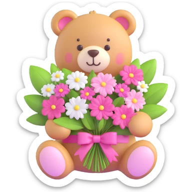 a teddy bear with a pink bow on its head, holding a bouquet of white flowers with green leaves and pink accents, and small pink hearts floating around sticker