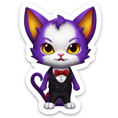 Cute-Evil-Vampiric-Batty-Cat-Black-Purple-Red-Yellow-Contrast-Colors-Fantasy-Fur-Sona-Chibi-Shiny-Fakémon-Hybrid with horns and big fangs neck bow white tie leg spats full body sticker