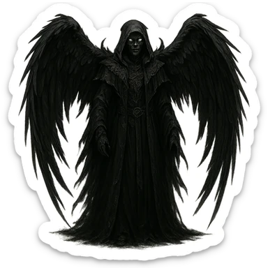 A dark angel with black wings and a menacing aura, in a gothic, dark fantasy style. sticker