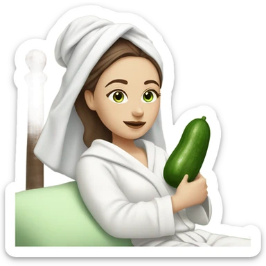 White girl with Brown hair and blue eyes wears a Green colored clay mask and puts on cucumbers around her eyes while She relaxes in her white Robe sticker