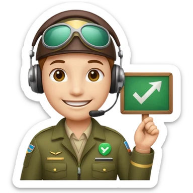 Slack-style emoji of a pilot wearing holding a green board with a white check mark sticker