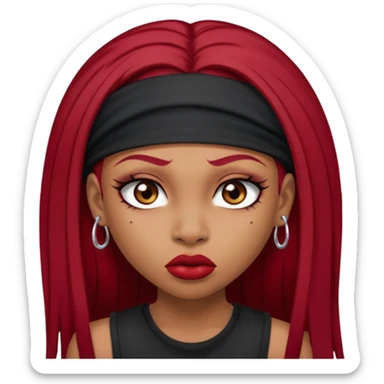 light-skinned black girl with very long eyelashes with long strait dark red hair with edges wearing a black top with no sleeves. and a red accessory on her head with nose and mouth piercings and is a baddie and looks like a bad girl. sticker