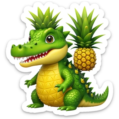 A cute crocodile with a pineapple body, the crocodile head is green with teeth and the body is a yellow pineapple with spiky texture sticker