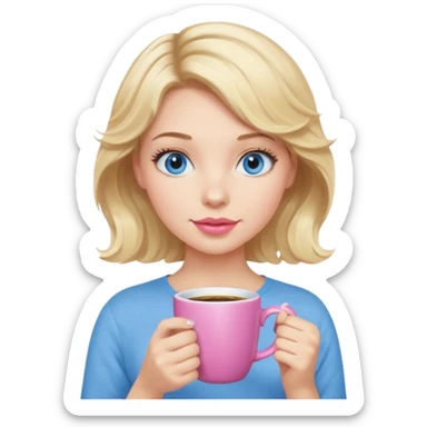 Girl Blonde short wavy hair,  blue eyes, cute blue top, long lashes, pink lips, holding white hot coffee mug sticker