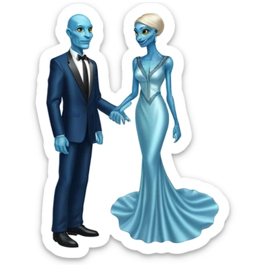 reptilian alien woman, in long slim pastel blue formal party satin dress with gradient shiny sparkling navy blue diamonds embroidered , and caucasian man in black dress sticker