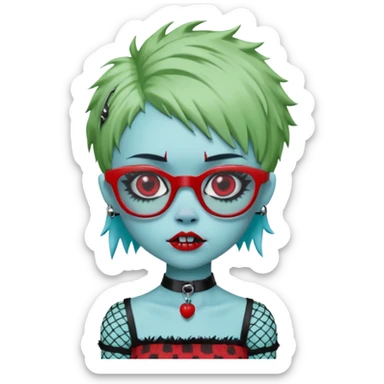 Ghoulia yelps monster high doll in scene/emo style cherry print dress with fishnet sleeves, clothes, thin, small, red, rectangle glasses, pale white-blue skin, pale-green shaggy short hair , zombie scars , boy, punk choker sticker