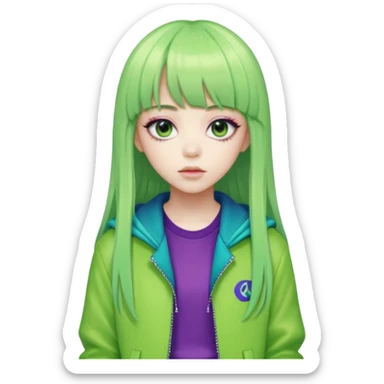  portrait-of-a-green alien-k-pop-idol,-wearing-a-stylish-streetwear-outfit-with-layered-colorful-clothing,-long-hair-with-bangs,-makeup,- sticker