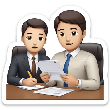 “An emoji-style illustration of a Korean man bringing a document to his boss for approval. The man is dressed in office attire, holding a document folder or papers, and approaching a superior who is seated at a desk. The boss appears authoritative, possibly reviewing or signing the document. The setting suggests a professional office environment, depicted in a minimalistic and expressive emoji-like style.” sticker