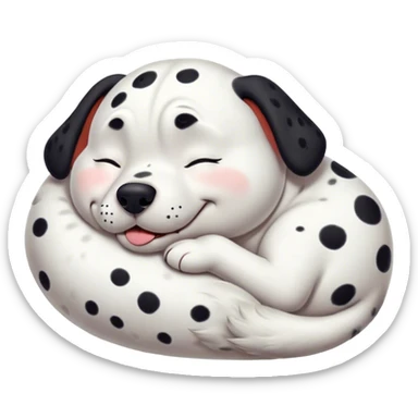 Cinematic Meme-Worthy Chubby Sleeping Dalmatian Portrait Emoji, Head resting peacefully with a contented smile, showcasing a delightfully chubby build and a luxuriously soft white coat with bold black spots, eyes shut in a serene nap, Simplified yet hilariously adorable features, highly detailed, glowing with a soft, drowsy light, high shine, relaxed and utterly lovable, stylized with an air of playful laziness, bright and heartwarming, soft glowing outline, capturing the essence of a comically sleepy Dalmatian, so meme-worthy it feels like it could instantly become the next viral sensation of adorable slumber! sticker